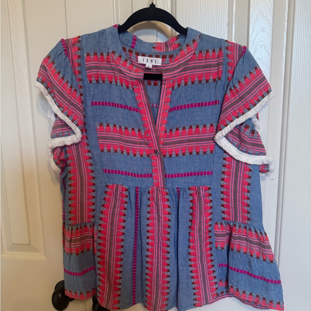 THML Blue and Pink Embroidered Top